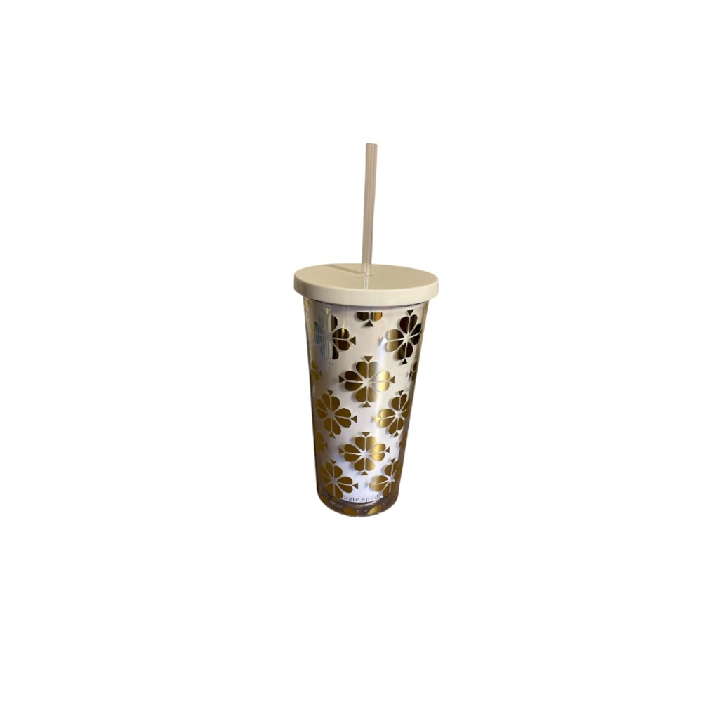 Kate Spade White and Gold Shamrock Logo Tumbler